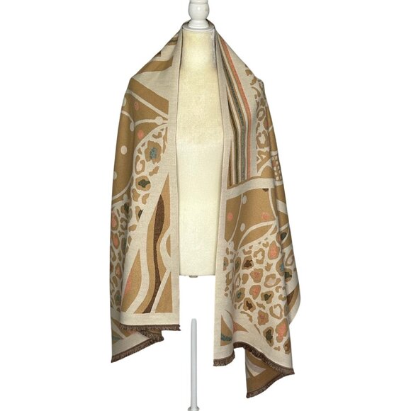 Leopard Print Rectangle Scarf Shawl Wrap Raw Hem Neutral Abstract OS Cozy Fall - Picture 1 of 7